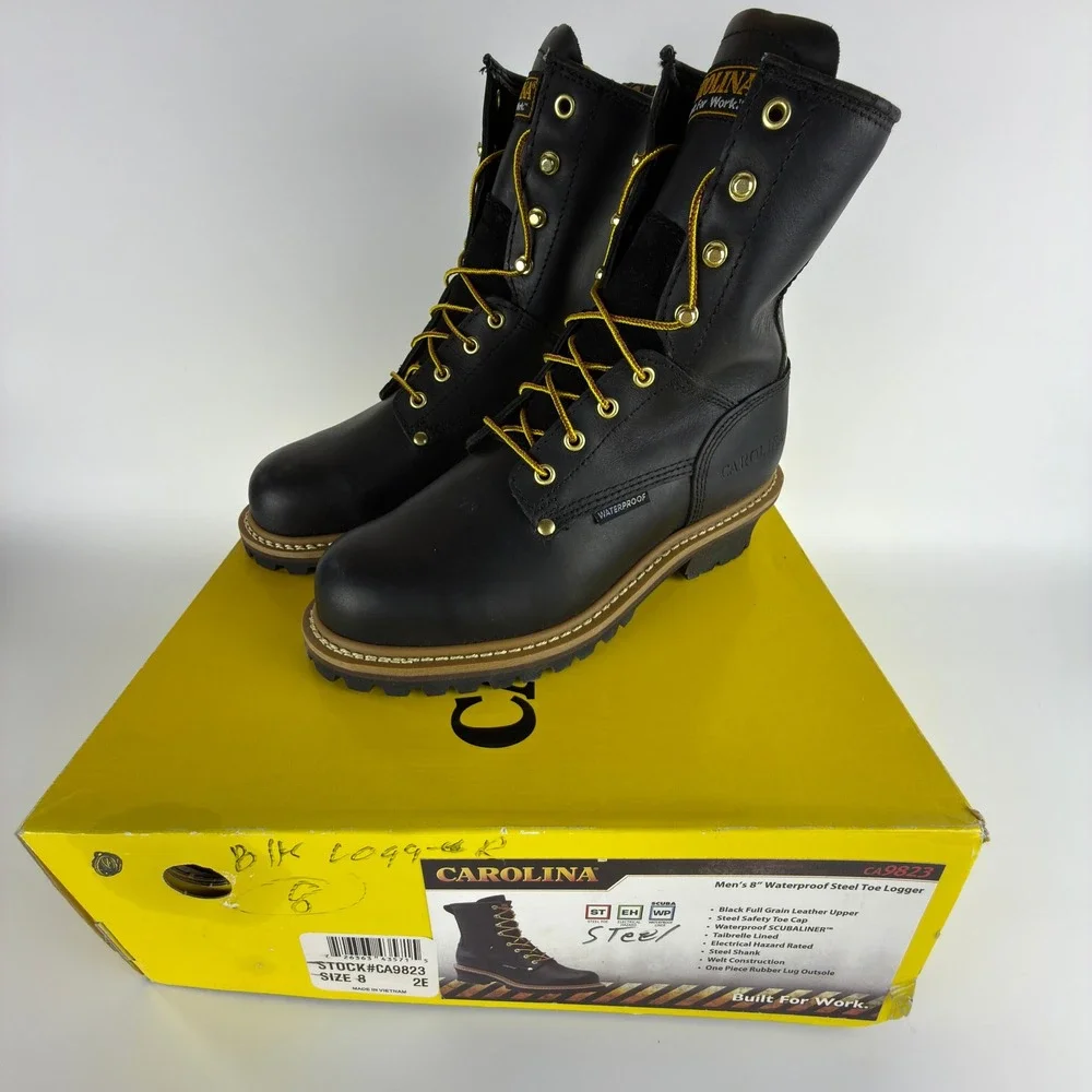 Carolina Mens 8 Inch Waterproof Steel Toe Logger Boots Black CA9823 8 2E‎ NIB
